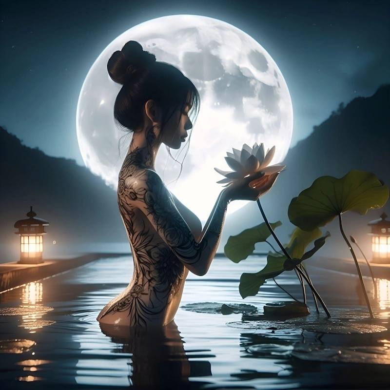 Lotus Whisper - Fabricate an orchestral piece that marries the plucks of a Thai dulcimer with the warmth of a cello, evoking the scenes of a picturesque girl dressed in traditional Thai garments. Include soft touches of a xylophone to emulate the twinkling of water droplets, while a solo violin accentuates the soft interplay of light and shadow cast by the moonlight on the transparent tattoo.