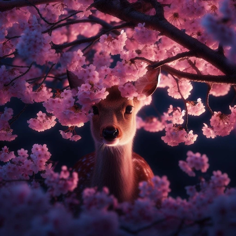 Luminescent Blossom Waltz - Compose an enchanting waltz with a delicate piano and violin ensemble, capturing the essence of a deer concealed behind the soft glow of cherry blossoms, worthy of being captured as photo of the year.